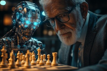 Artificial intelligence challenges a veteran chess player in an intense match at a futuristic chess club during the evening hours