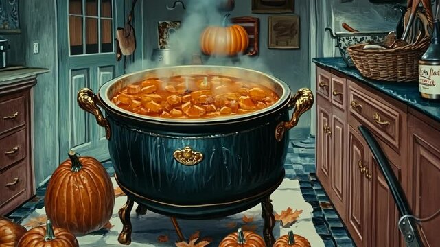 Warm autumn stew simmers in a large pot surrounded by pumpkins and fallen leaves in a cozy kitchen setting