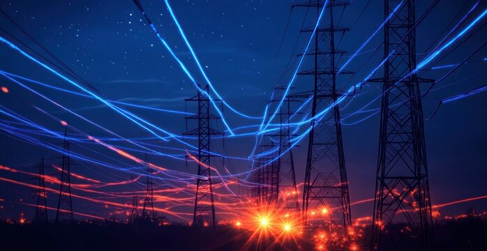 Futuristic Electric Power Lines with Neon Glow and High Voltage Transmission Towers at Night in Cyberpunk Style