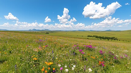 Wildflower meadow, sunny sky, rolling hills, peaceful landscape, nature photography