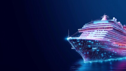 Digital hologram of a cruise ship glowing in vivid colors against a dark background