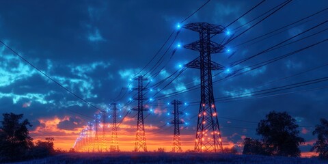 High Voltage Power Lines Twilight Sky Electric Energy Glowing Infrastructure