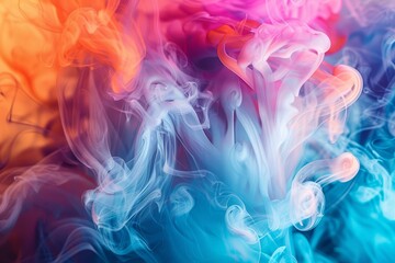 Vibrant swirls of smoke interact and dance in water, combining striking colors that create an ethereal and captivating experience