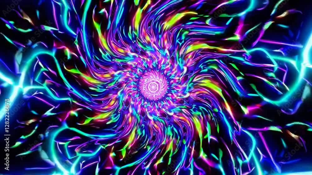 Poster bright neon lights creating a circular portal swirling into a kaleidoscopic vortex with a hypnotic a