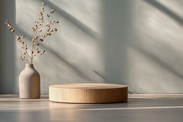 Minimalist Wooden Pedestal with Soft Gray Shadows and Warm Background