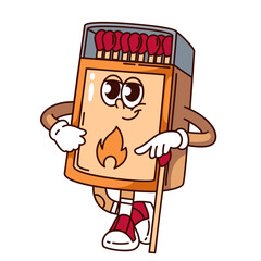 Groovy matches box cartoon character standing in confident pose. Funny retro matchbox with fire on label, matchstick. Matches for camping mascot, cartoon sticker of 70s 80s style vector illustration