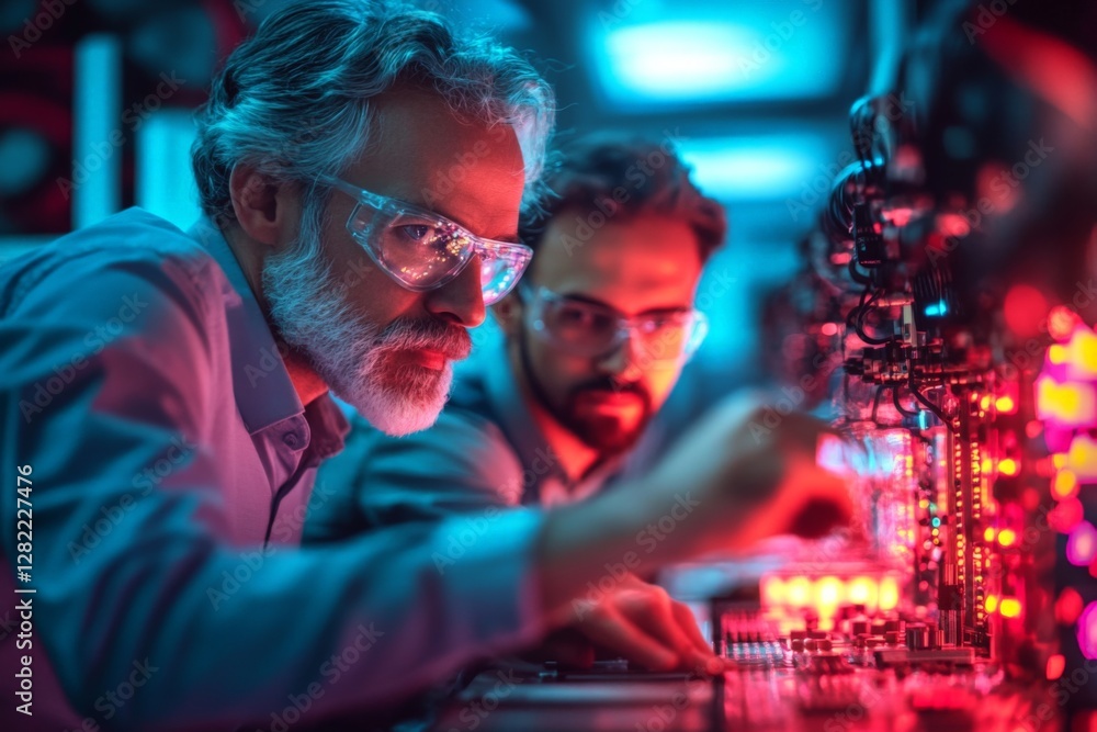 Poster two engineers working on advanced technology with glowing components in a high-tech lab during night