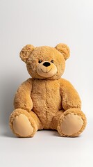 Obraz premium Fluffy Brown Teddy Bear Sitting Comfortably on a White Surface Background for Cuteness and Friendship