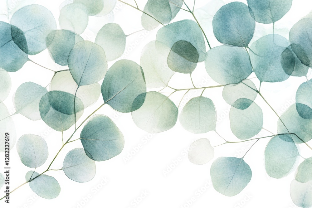 Aufkleber soft watercolor illustration of delicate eucalyptus leaves gently overlapping each other in serene p
