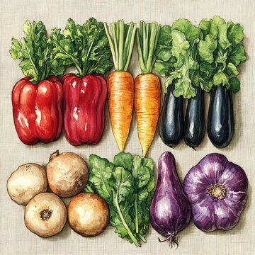 Naklejki Colorful Watercolor Pattern of Fresh Vegetables Organic Artwork for Kitchen Market Designs