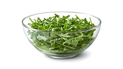 Fresh Arugula in a Clear Glass Bowl Isolated on White Background Ready for Eating in Healthy Lifestyle