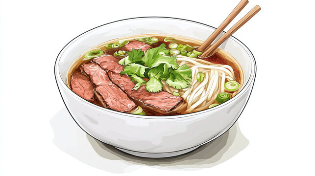 Illustration of a vietnamese pho soup with beef slices and rice noodles isolated on white background.