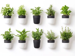 Fototapeta premium Fresh Green Potted Plants Arranged in a Row on a Plain White Background for Interior Decoration Idea