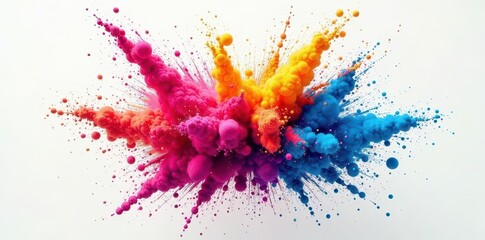 Multicolored powder explosion; dynamic, chaotic spray on pristine white, powder cloud, powder