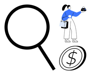 Woman holding laptop and shopping bags, representing online shopping. Large magnifying glass symbol for searching, dollar coin for financial context. Ideal for e-commerce, online shopping, financial