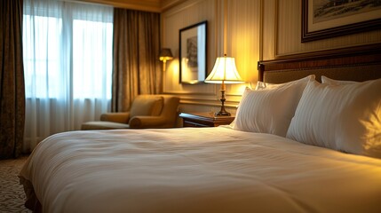 Hotel room bed, lit lamp, armchair, window, evening ambiance, ideal for travel ads