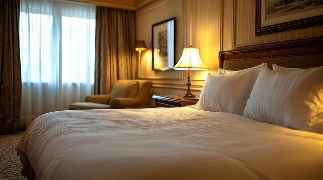 Hotel room bed, lit lamp, armchair, window, evening ambiance, ideal for travel ads