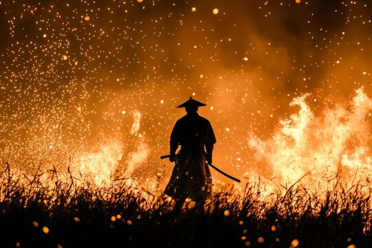 Warrior stands resolutely before a raging fire at sunset in a dramatic display of strength and courage - Powered by Adobe