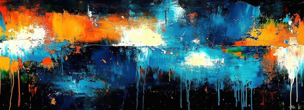 Abstract Expressionism Painting with Blue and Orange Drips and Textures