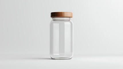 Glass Jar with Wooden Lid on White Background Kitchen Container Clean Transparent Design