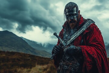 Character wearing armor stands in rugged landscape with dramatic clouds above during twilight in a medieval-inspired setting