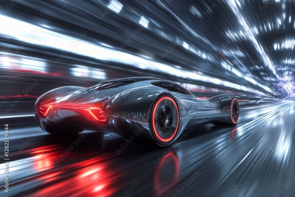 Poster futuristic car racing through neon-lit tunnel at high speed showcasing advanced design and technolog