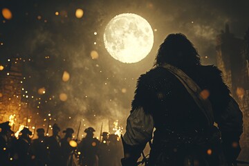 Fototapeta premium Warrior stands in front of a crowd under the full moon amidst flickering flames at night event in a medieval setting