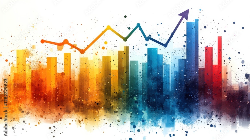 Poster colorful abstract data visualization with rising graph overlaid on vibrant splashes of color