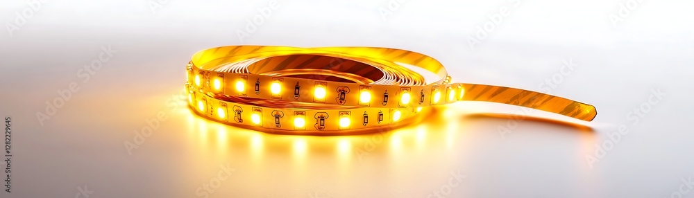Poster glowing led strip lights coiled on a smooth surface radiating warm illumination and creating a moder