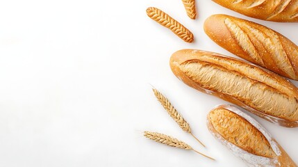 Golden Crust Bread Bounty with Wheat Stalks on a White Surface Displaying Bakery Freshness