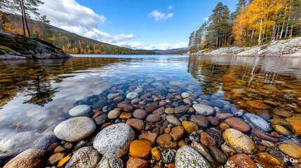 Autumn lake, clear water, colorful rocks, forest background, nature scene