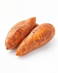 Sweet potatoes on a white background showcasing their rich color and texture in a clean and fresh presentation