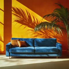 Blue velvet sofa in sunlit orange room.