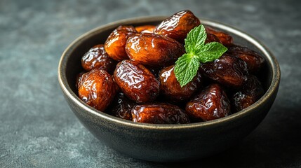 Fototapeta premium Dates in bowl with mint on dark table