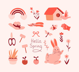 Spring set of gardening elements, cottage aesthetics. Seedlings, sprouts, flowers, rabbit, scissors, hat, bird house. Clipart