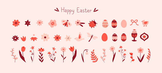 A collection of elements for Easter. Flowers, flowers with a stem, Easter eggs, butterfly, bird, ladybug.