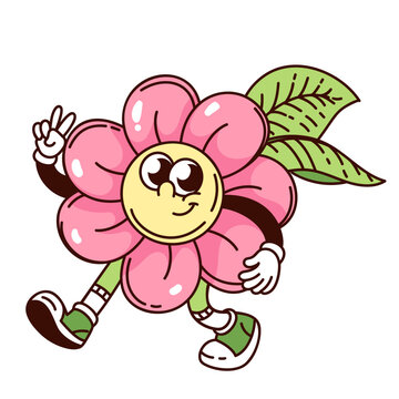Naklejki Groovy daisy flower cartoon character walking with V fingers. Funny retro flower showing peace sign. Summer, hippie mascot, cartoon hippy chamomile sticker of 70s 80s style vector illustration