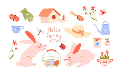 A spring set with cute rabbits, a bird house, a hat, gloves, and flowers. Spring postcard