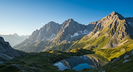 Scenic Alpine Lake Reflecting Mountains Under Clear Blue Sky on Sunny Day