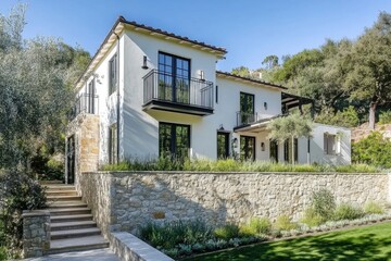 Modern white house with elegant design and beautiful landscaping situated in a lush green setting surrounded by trees and nature