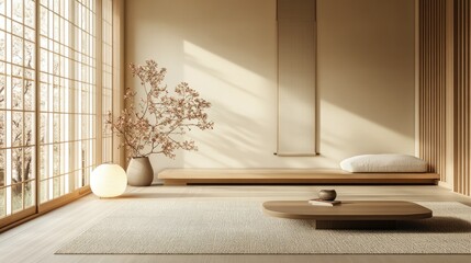 Serene Minimalist Room: Beige and Wood Interior Design