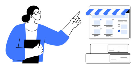 Female professional with glasses holding a black folder, pointing at an online storefront under an awning. Ideal for e-commerce, online shopping, digital marketing, business presentations, education