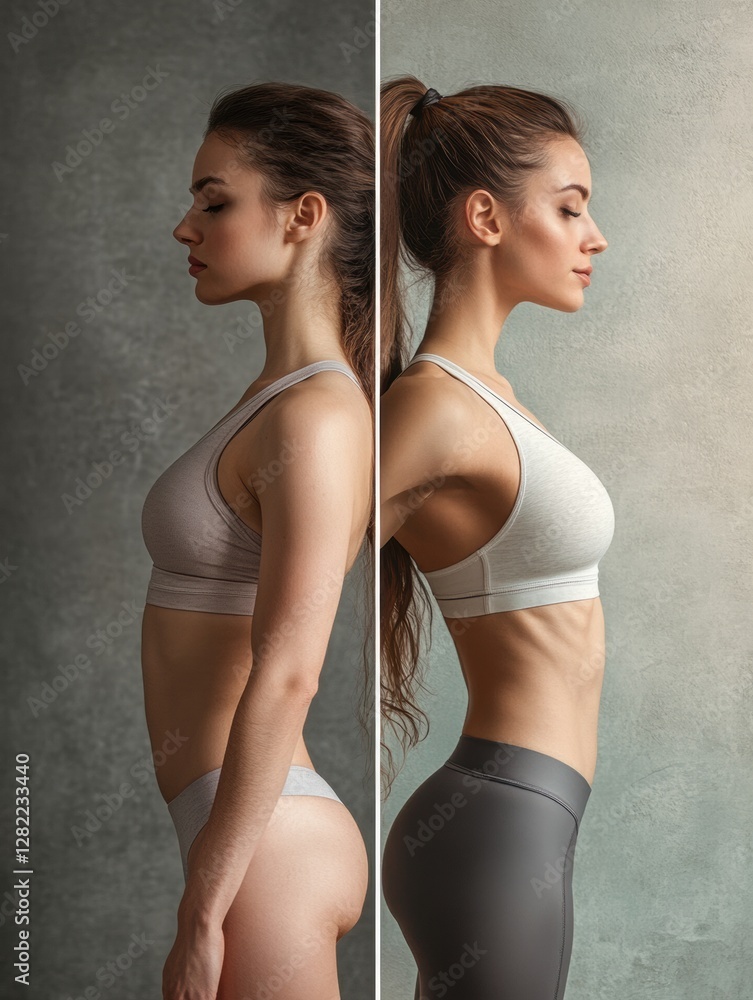 Poster transformation of a womans body reflecting fitness progress in a motivating environment. generative 