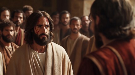 Obraz premium Wounded Jesus confronts disciple; ancient setting, religious film scene
