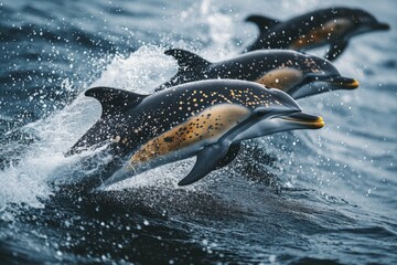 Fototapeta premium Dolphins jumping gracefully through ocean waves at sunset near coastal waters