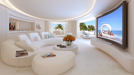 Fototapeta premium Luxurious Coastal Residence with Ocean View Displayed on Large Screen Television in Spacious Living Room