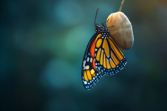 Monarch butterfly emerging from chrysalis in lush green environment at dawn