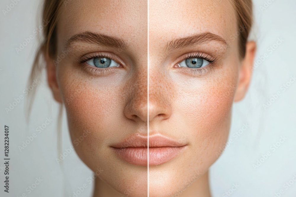Poster comparison of a womans face showing wrinkles on one side and smooth skin on the other side captured 