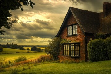 Charming brick house surrounded by lush fields and dramatic clouds during golden hour, showcasing rural tranquility in the countryside