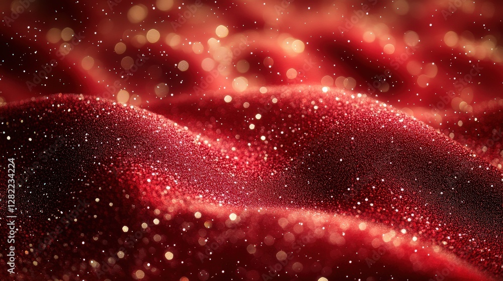 Poster shimmering red fabric waves with sparkling glitter, creating a luxurious and festive atmosphere